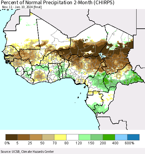 Western Africa Percent of Normal Precipitation 2-Month (CHIRPS) Thematic Map For 11/11/2023 - 1/10/2024