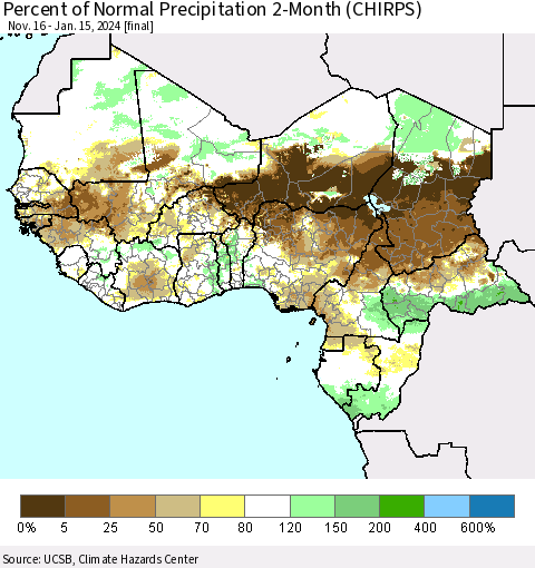 Western Africa Percent of Normal Precipitation 2-Month (CHIRPS) Thematic Map For 11/16/2023 - 1/15/2024