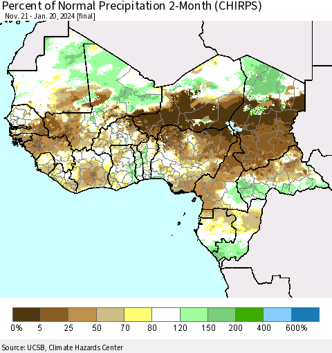 Western Africa Percent of Normal Precipitation 2-Month (CHIRPS) Thematic Map For 11/21/2023 - 1/20/2024