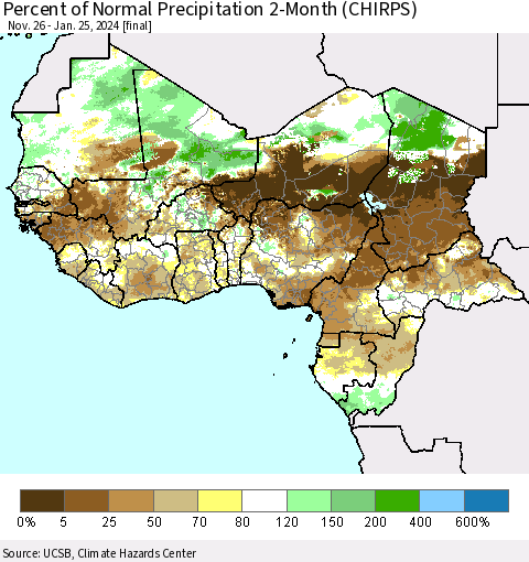 Western Africa Percent of Normal Precipitation 2-Month (CHIRPS) Thematic Map For 11/26/2023 - 1/25/2024
