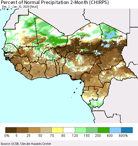 Western Africa Percent of Normal Precipitation 2-Month (CHIRPS) Thematic Map For 12/1/2023 - 1/31/2024