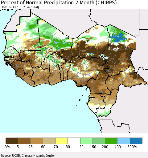 Western Africa Percent of Normal Precipitation 2-Month (CHIRPS) Thematic Map For 12/6/2023 - 2/5/2024