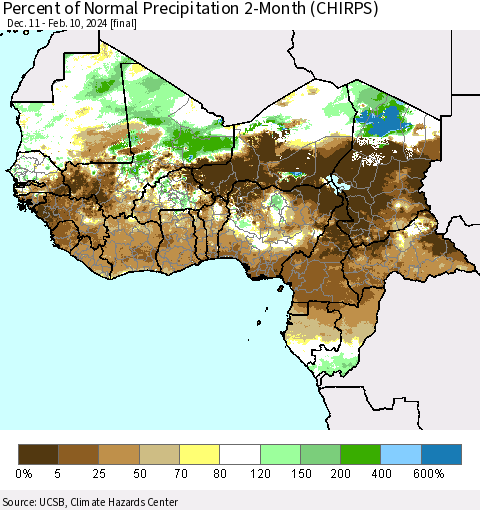Western Africa Percent of Normal Precipitation 2-Month (CHIRPS) Thematic Map For 12/11/2023 - 2/10/2024
