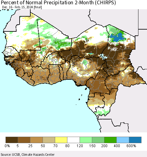 Western Africa Percent of Normal Precipitation 2-Month (CHIRPS) Thematic Map For 12/16/2023 - 2/15/2024