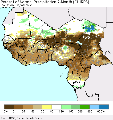 Western Africa Percent of Normal Precipitation 2-Month (CHIRPS) Thematic Map For 12/21/2023 - 2/20/2024