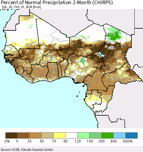 Western Africa Percent of Normal Precipitation 2-Month (CHIRPS) Thematic Map For 12/26/2023 - 2/25/2024