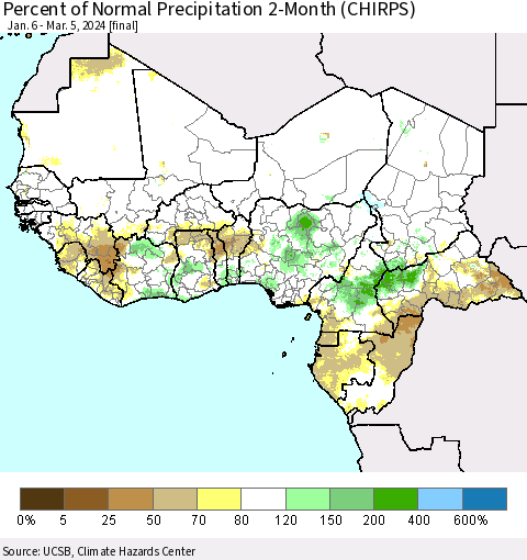 Western Africa Percent of Normal Precipitation 2-Month (CHIRPS) Thematic Map For 1/6/2024 - 3/5/2024