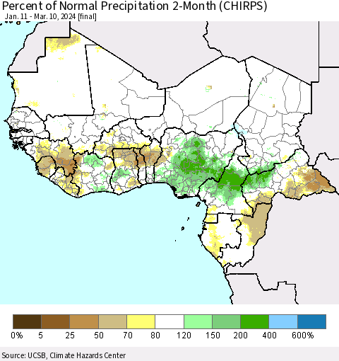Western Africa Percent of Normal Precipitation 2-Month (CHIRPS) Thematic Map For 1/11/2024 - 3/10/2024