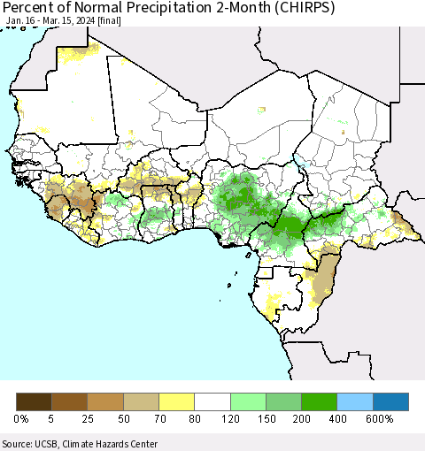 Western Africa Percent of Normal Precipitation 2-Month (CHIRPS) Thematic Map For 1/16/2024 - 3/15/2024