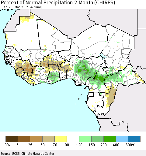 Western Africa Percent of Normal Precipitation 2-Month (CHIRPS) Thematic Map For 1/21/2024 - 3/20/2024