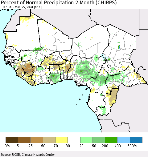 Western Africa Percent of Normal Precipitation 2-Month (CHIRPS) Thematic Map For 1/26/2024 - 3/25/2024