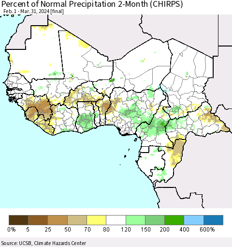 Western Africa Percent of Normal Precipitation 2-Month (CHIRPS) Thematic Map For 2/1/2024 - 3/31/2024