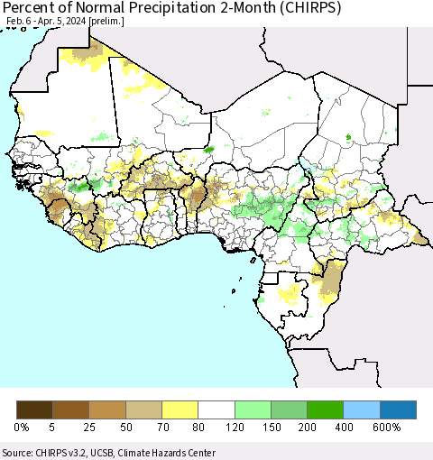 Western Africa Percent of Normal Precipitation 2-Month (CHIRPS) Thematic Map For 2/6/2024 - 4/5/2024