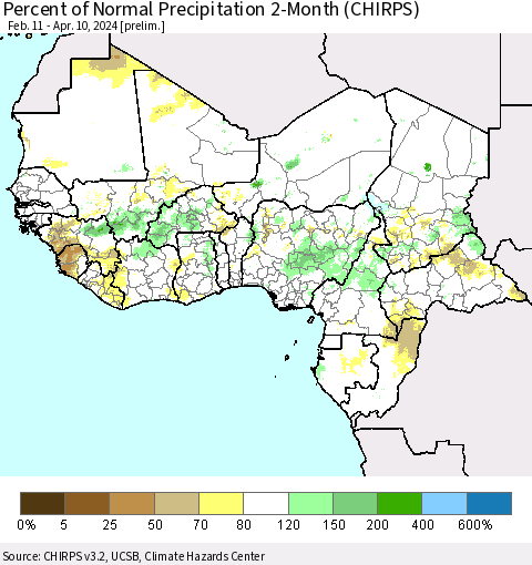 Western Africa Percent of Normal Precipitation 2-Month (CHIRPS) Thematic Map For 2/11/2024 - 4/10/2024