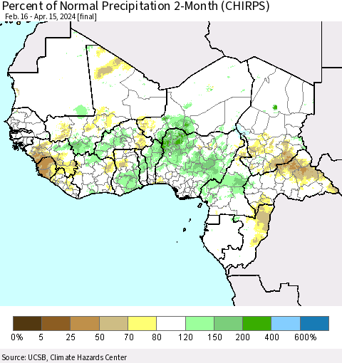 Western Africa Percent of Normal Precipitation 2-Month (CHIRPS) Thematic Map For 2/16/2024 - 4/15/2024