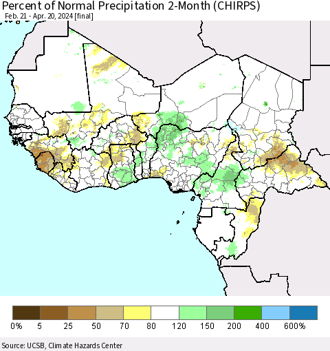 Western Africa Percent of Normal Precipitation 2-Month (CHIRPS) Thematic Map For 2/21/2024 - 4/20/2024