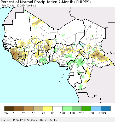 Western Africa Percent of Normal Precipitation 2-Month (CHIRPS) Thematic Map For 2/21/2024 - 4/20/2024