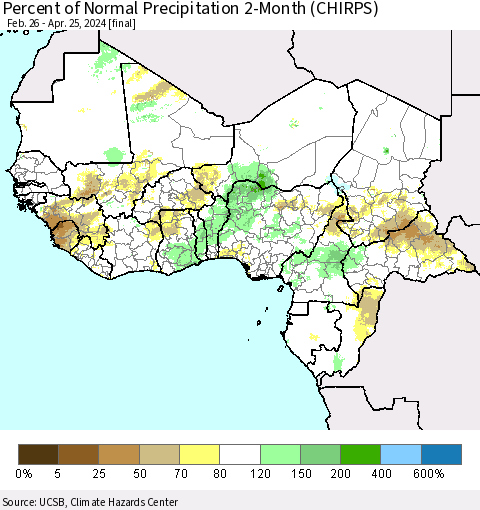 Western Africa Percent of Normal Precipitation 2-Month (CHIRPS) Thematic Map For 2/26/2024 - 4/25/2024
