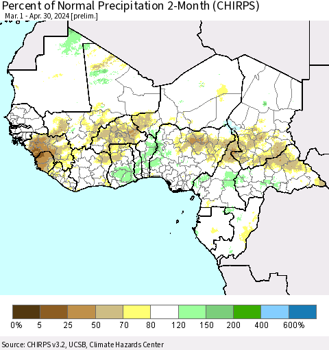 Western Africa Percent of Normal Precipitation 2-Month (CHIRPS) Thematic Map For 3/1/2024 - 4/30/2024