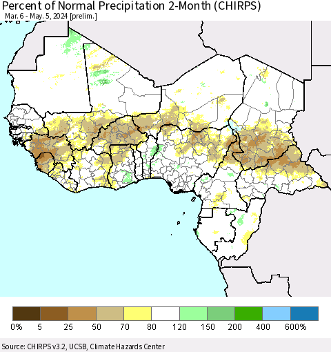 Western Africa Percent of Normal Precipitation 2-Month (CHIRPS) Thematic Map For 3/6/2024 - 5/5/2024