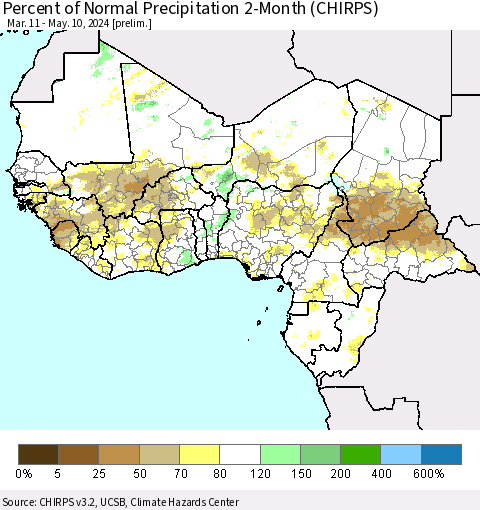 Western Africa Percent of Normal Precipitation 2-Month (CHIRPS) Thematic Map For 3/11/2024 - 5/10/2024