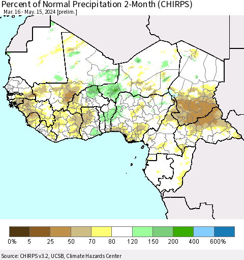 Western Africa Percent of Normal Precipitation 2-Month (CHIRPS) Thematic Map For 3/16/2024 - 5/15/2024