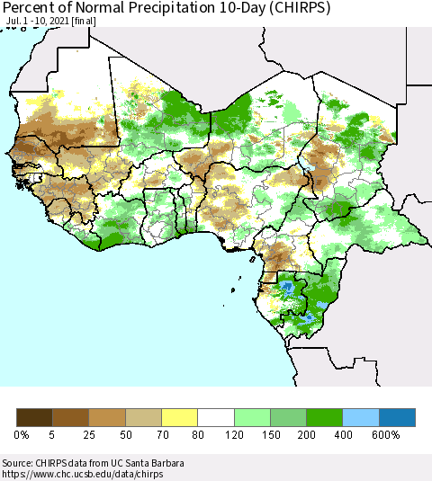 Western Africa Percent of Normal Precipitation 10-Day (CHIRPS) Thematic Map For 7/1/2021 - 7/10/2021