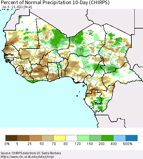 Western Africa Percent of Normal Precipitation 10-Day (CHIRPS) Thematic Map For 7/6/2021 - 7/15/2021