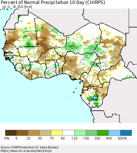 Western Africa Percent of Normal Precipitation 10-Day (CHIRPS) Thematic Map For 7/11/2021 - 7/20/2021