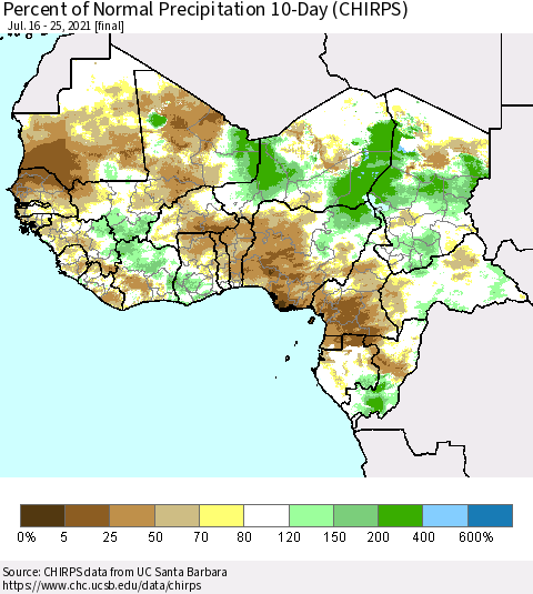 Western Africa Percent of Normal Precipitation 10-Day (CHIRPS) Thematic Map For 7/16/2021 - 7/25/2021