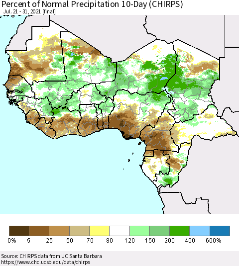 Western Africa Percent of Normal Precipitation 10-Day (CHIRPS) Thematic Map For 7/21/2021 - 7/31/2021