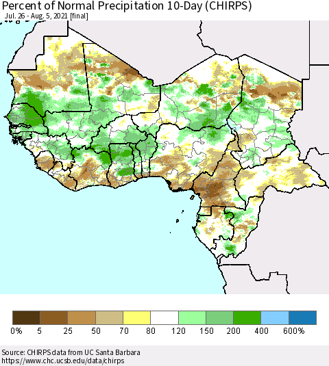 Western Africa Percent of Normal Precipitation 10-Day (CHIRPS) Thematic Map For 7/26/2021 - 8/5/2021