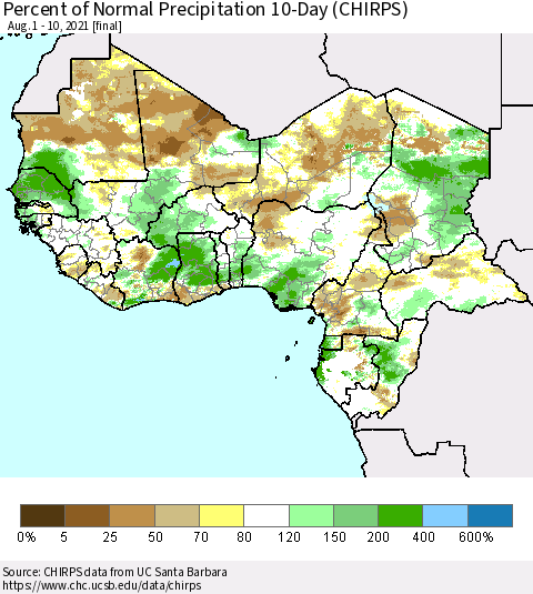 Western Africa Percent of Normal Precipitation 10-Day (CHIRPS) Thematic Map For 8/1/2021 - 8/10/2021