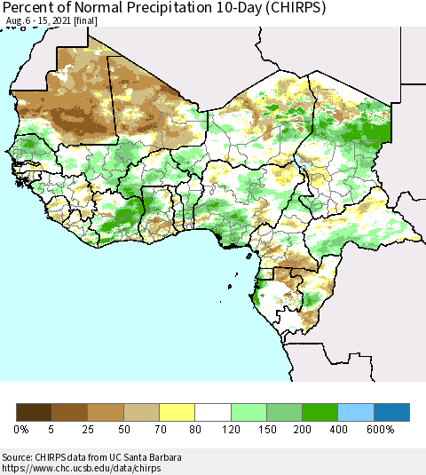 Western Africa Percent of Normal Precipitation 10-Day (CHIRPS) Thematic Map For 8/6/2021 - 8/15/2021