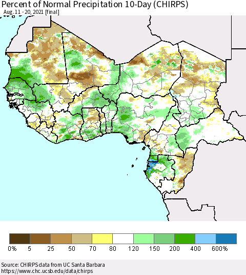 Western Africa Percent of Normal Precipitation 10-Day (CHIRPS) Thematic Map For 8/11/2021 - 8/20/2021