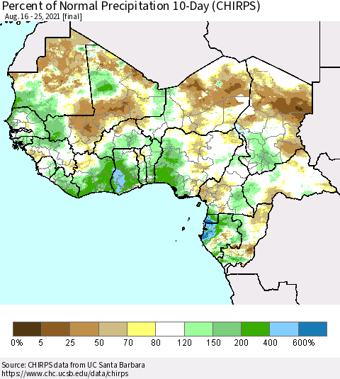 Western Africa Percent of Normal Precipitation 10-Day (CHIRPS) Thematic Map For 8/16/2021 - 8/25/2021