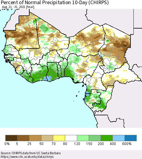 Western Africa Percent of Normal Precipitation 10-Day (CHIRPS) Thematic Map For 8/21/2021 - 8/31/2021
