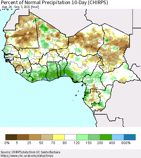 Western Africa Percent of Normal Precipitation 10-Day (CHIRPS) Thematic Map For 8/26/2021 - 9/5/2021