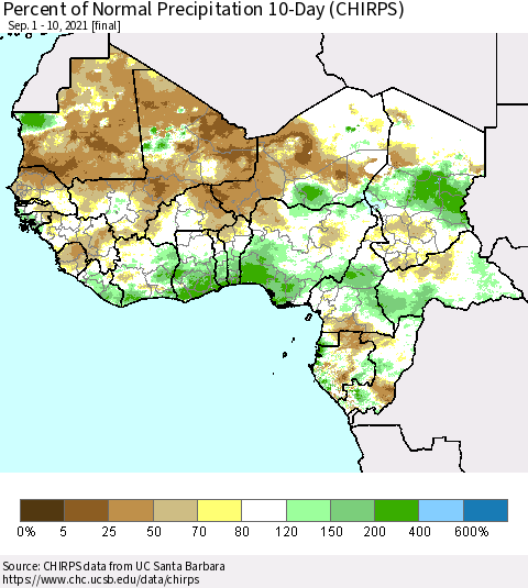 Western Africa Percent of Normal Precipitation 10-Day (CHIRPS) Thematic Map For 9/1/2021 - 9/10/2021