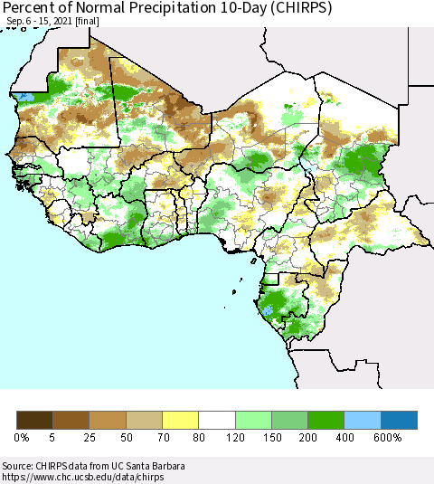 Western Africa Percent of Normal Precipitation 10-Day (CHIRPS) Thematic Map For 9/6/2021 - 9/15/2021