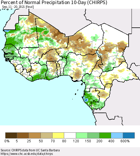 Western Africa Percent of Normal Precipitation 10-Day (CHIRPS) Thematic Map For 9/11/2021 - 9/20/2021