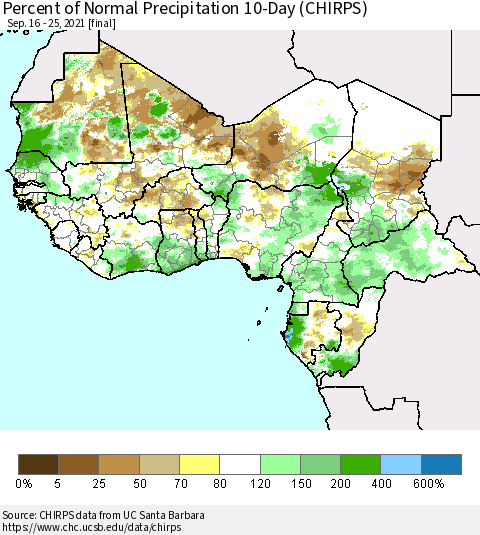 Western Africa Percent of Normal Precipitation 10-Day (CHIRPS) Thematic Map For 9/16/2021 - 9/25/2021