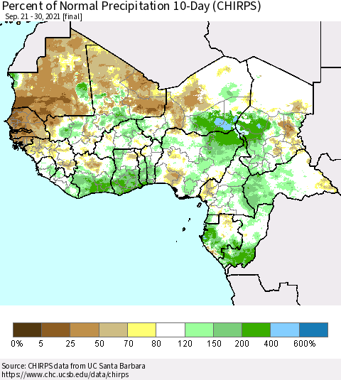 Western Africa Percent of Normal Precipitation 10-Day (CHIRPS) Thematic Map For 9/21/2021 - 9/30/2021