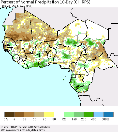 Western Africa Percent of Normal Precipitation 10-Day (CHIRPS) Thematic Map For 9/26/2021 - 10/5/2021