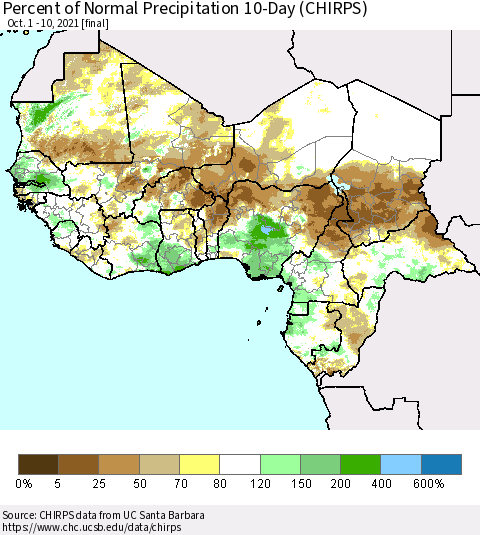 Western Africa Percent of Normal Precipitation 10-Day (CHIRPS) Thematic Map For 10/1/2021 - 10/10/2021