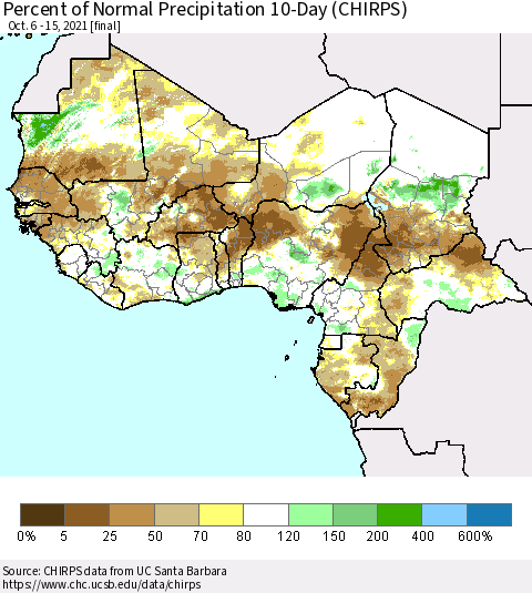 Western Africa Percent of Normal Precipitation 10-Day (CHIRPS) Thematic Map For 10/6/2021 - 10/15/2021