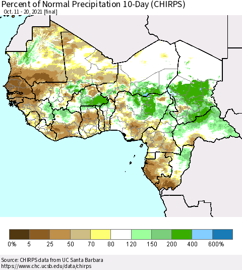 Western Africa Percent of Normal Precipitation 10-Day (CHIRPS) Thematic Map For 10/11/2021 - 10/20/2021