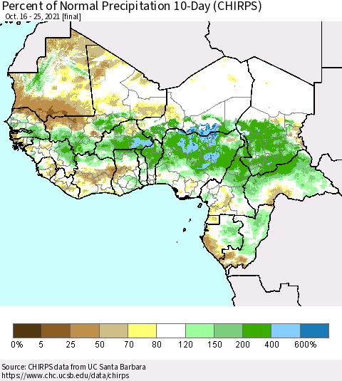 Western Africa Percent of Normal Precipitation 10-Day (CHIRPS) Thematic Map For 10/16/2021 - 10/25/2021