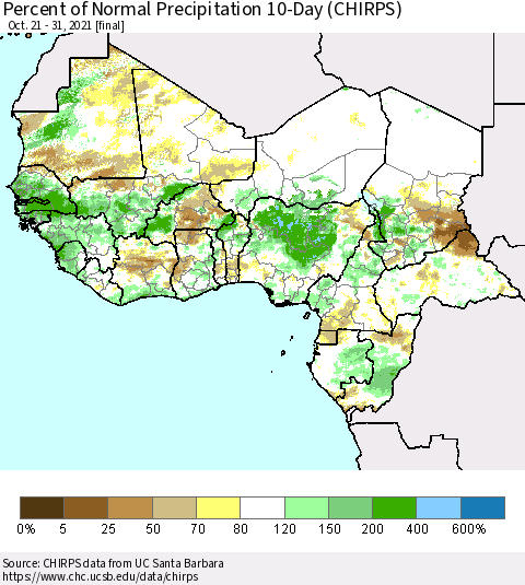 Western Africa Percent of Normal Precipitation 10-Day (CHIRPS) Thematic Map For 10/21/2021 - 10/31/2021