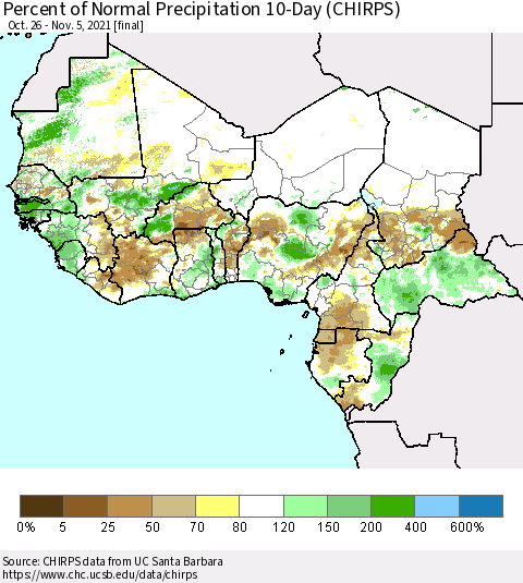 Western Africa Percent of Normal Precipitation 10-Day (CHIRPS) Thematic Map For 10/26/2021 - 11/5/2021